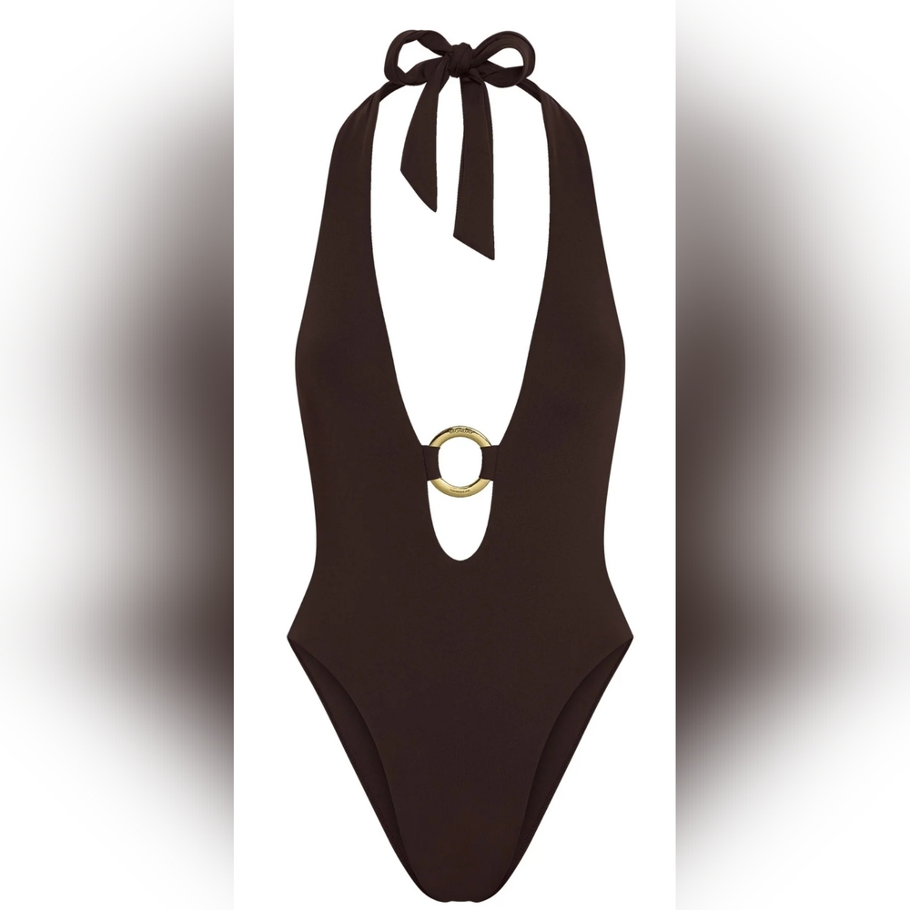 "Montego" Plunge Halter One-Piece by Monday Swimwear, Sz L, Espresso Collection